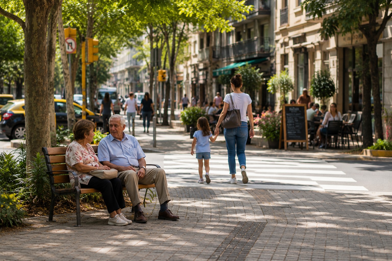 calle urbana con gente paseando y sentadas en bancos publicos y terrazas bajo la sombra de unos arboles.