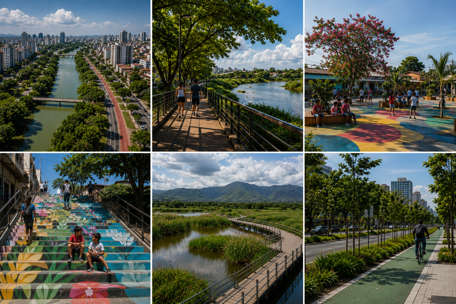 Collage de images de ciudades con elementos naturales incorporados